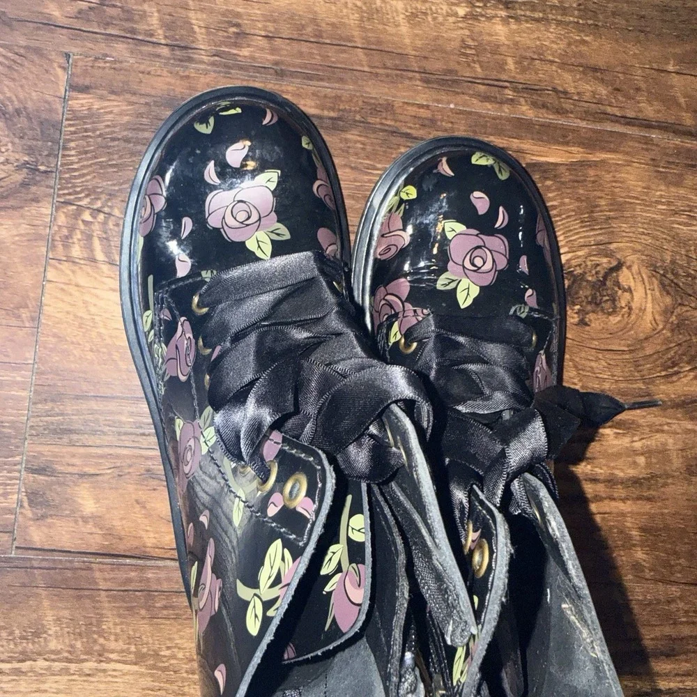 Doc Martens Girls Black Floral Lace Up Side Zip Pascal Moto Boots Size 13